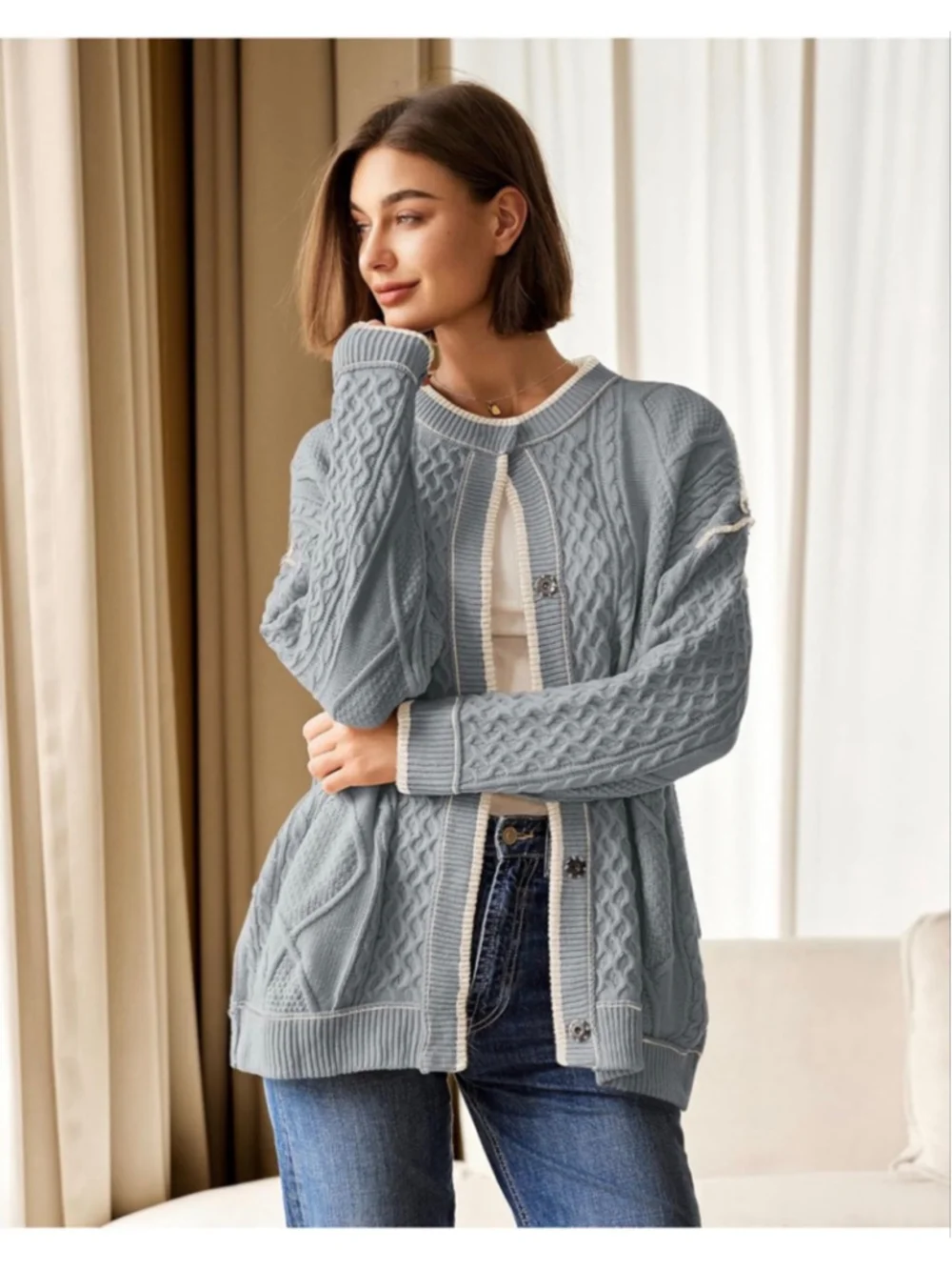 NEW Cable Knit Oversized Cardigan Button Up Striped Sweater S